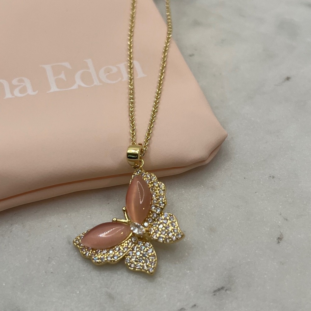 Dainty Butterfly Necklace 14K Gold Plated Adina Eden Pink Crystal New Jewelry